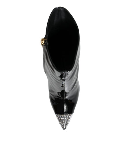 Black Patent Leather Crystal Heel Boots Shoes