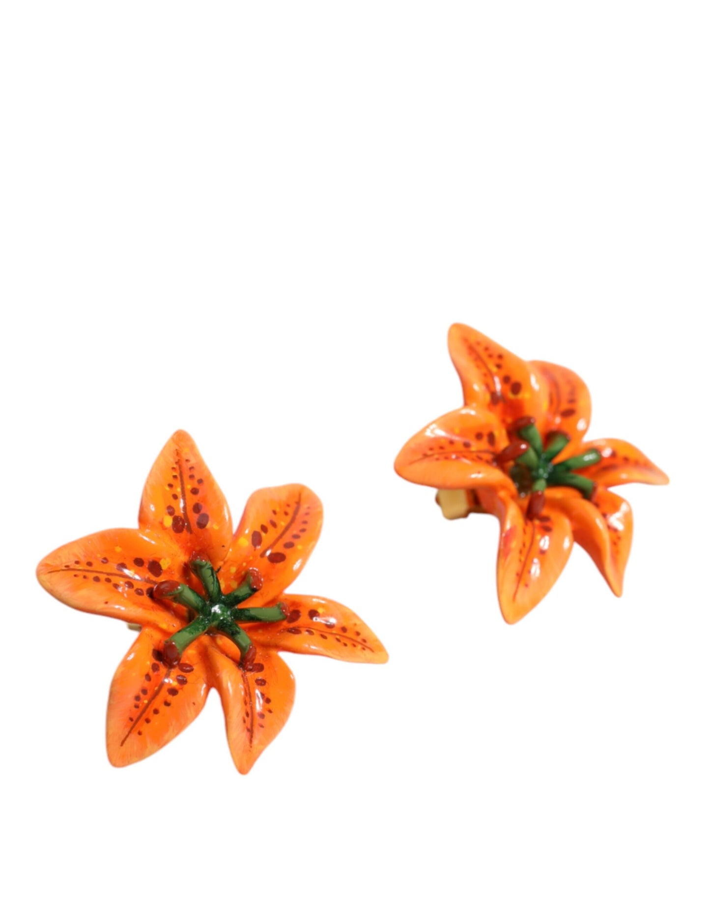 Orange Green Gold Brass Lily Flower Clip Floral Earrings