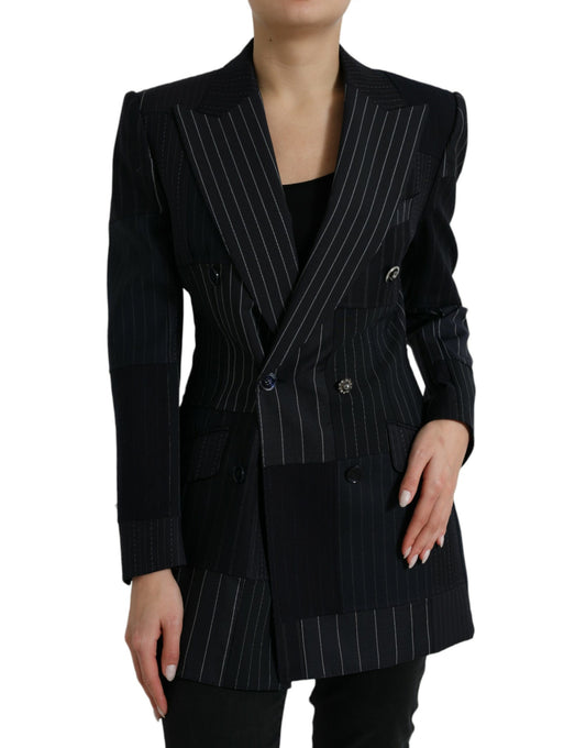 Black Striped Wool DoubleBreasted Coat Jacket
