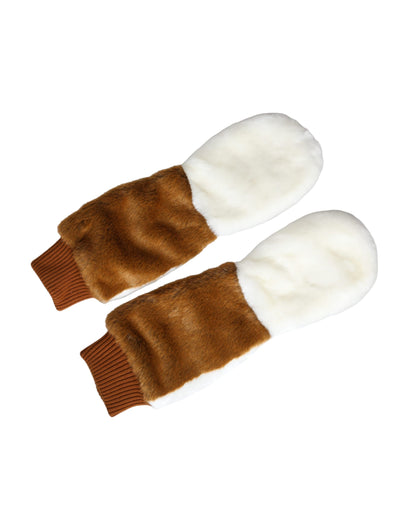 Brown White Acrylic Knitted Fur Mitten Gloves