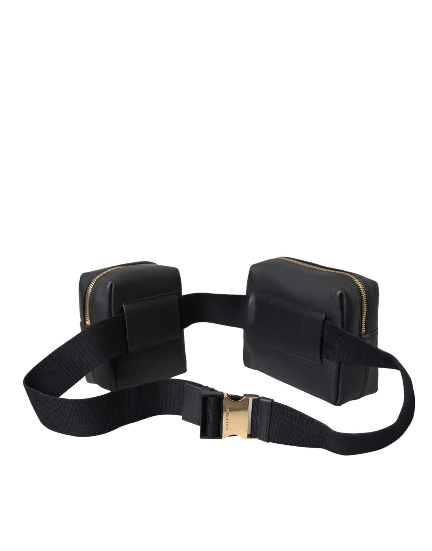 Black Calfskin Leather Double Waist Belt Fanny Pack Bag