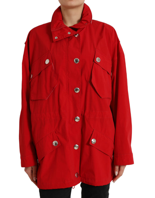 Red Polyester Hooded Button Rain Coat Jacket