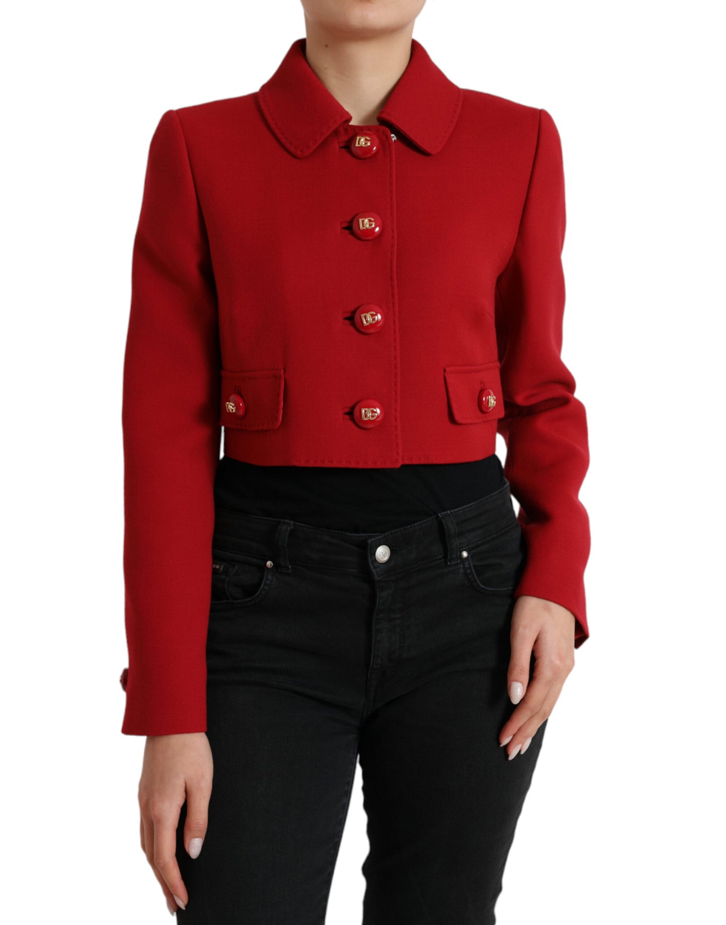 Red Wool Cropped Short Button Coat Jacket