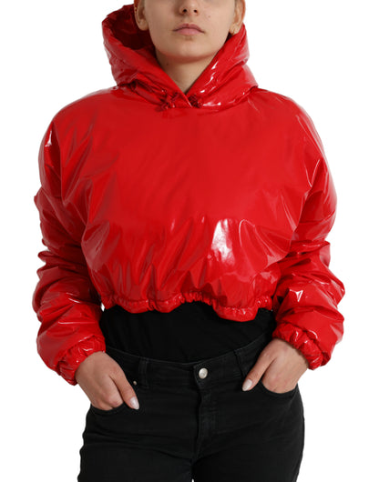 Shiny Red Hooded Cropped Short Coat Jacket
