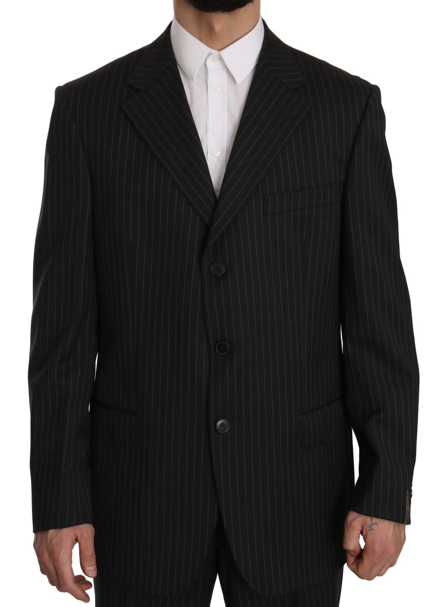 Z Zegna Black Striped Two Piece 3 Button 100% Wool Suit