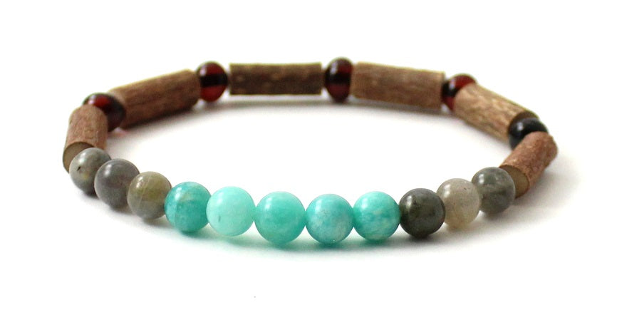 Amber Cherry Stretch Bracelet With Amazonite, Labradorite and Hazelwood-3