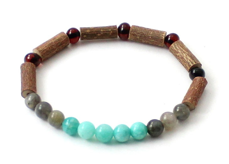 Amber Cherry Stretch Bracelet With Amazonite, Labradorite and Hazelwood-0