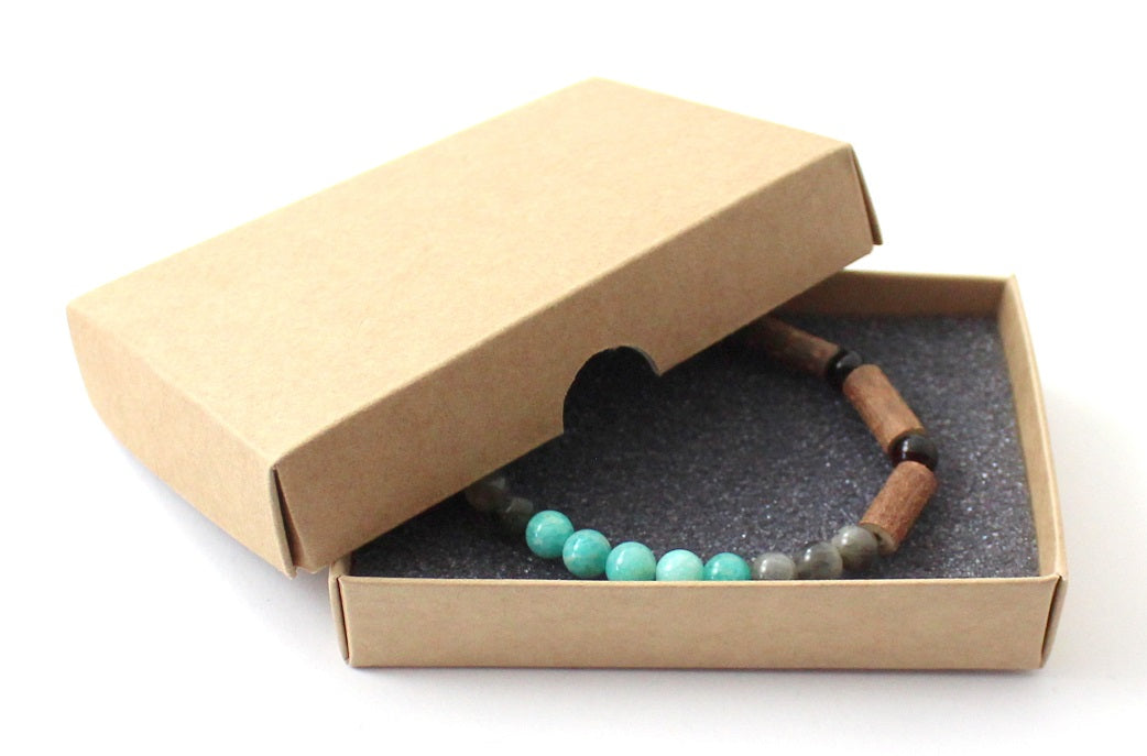 Amber Cherry Stretch Bracelet With Amazonite, Labradorite and Hazelwood-1