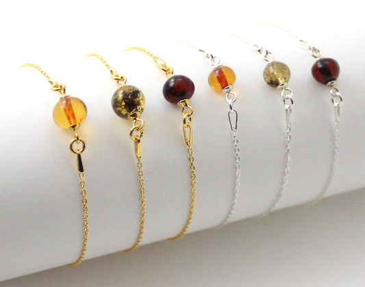 Minimalist Silver Bracelet With Amber Round Bead-0