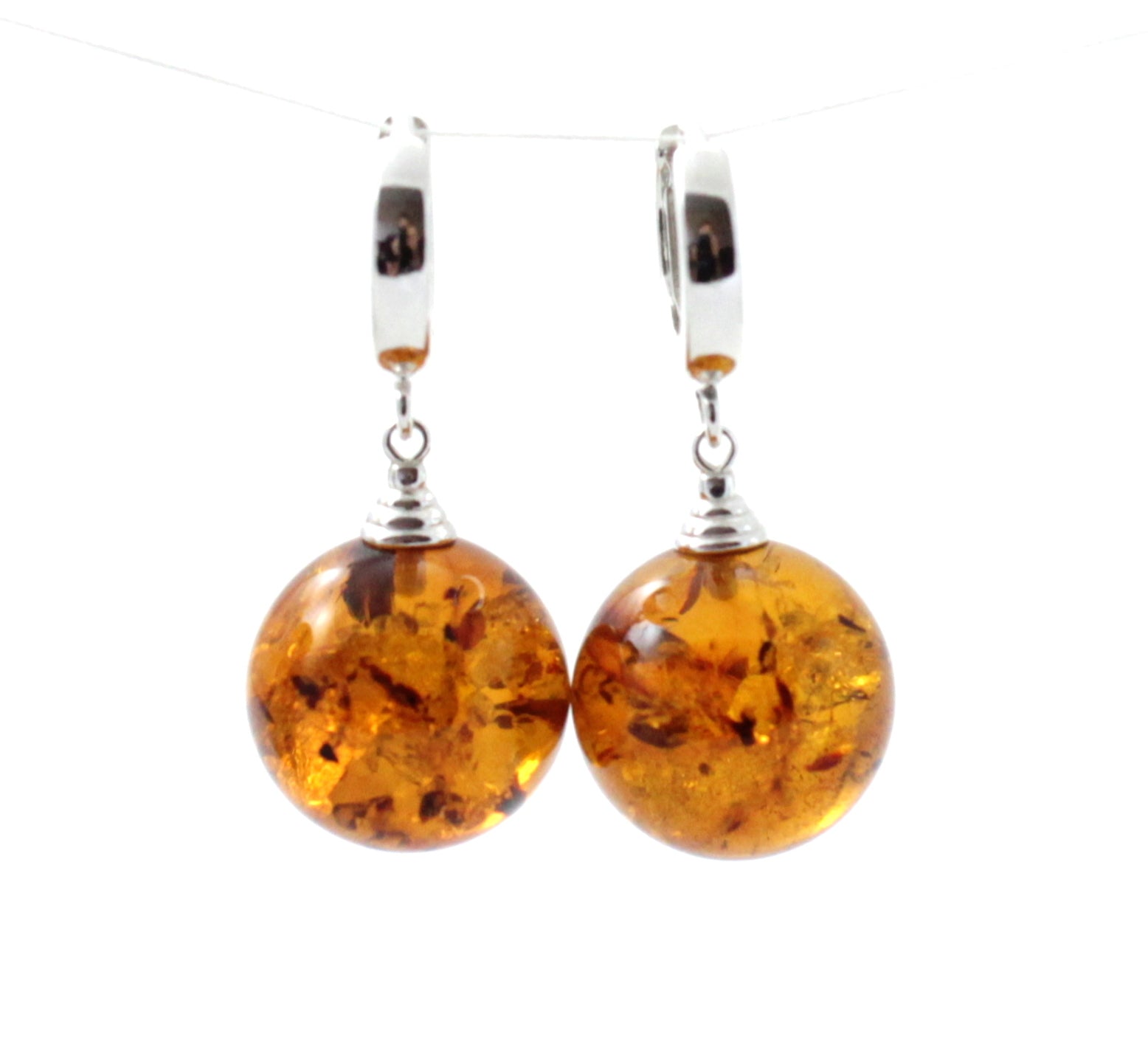 Baltic Amber Round Cognac Real Earrings With Silver-0