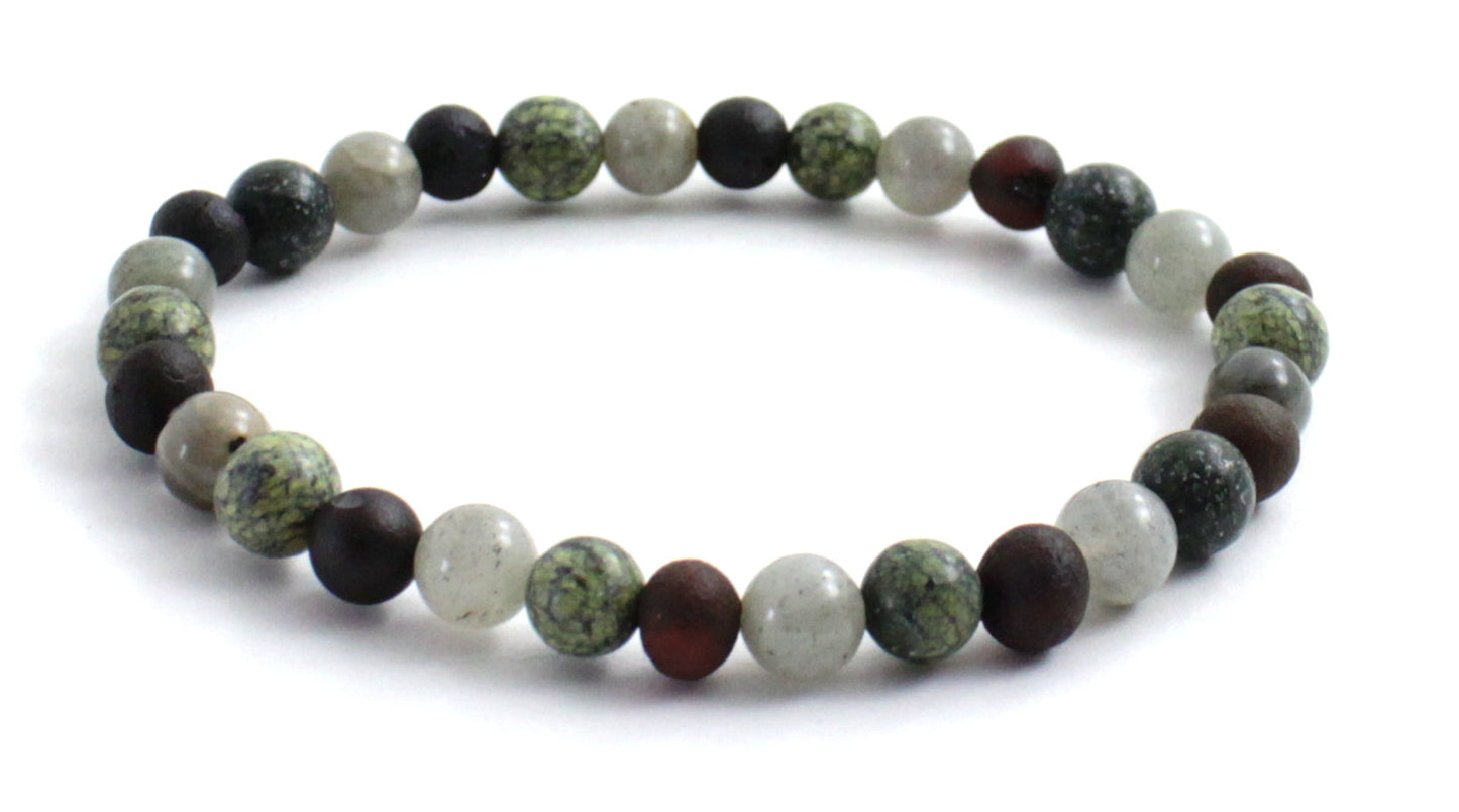 Amber Raw Black Cherry Stretch Bracelet With Gray Labradorite and Green Lace Stone-3