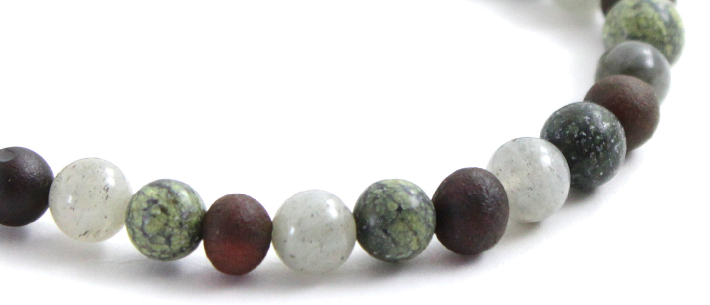 Amber Raw Black Cherry Stretch Bracelet With Gray Labradorite and Green Lace Stone-2