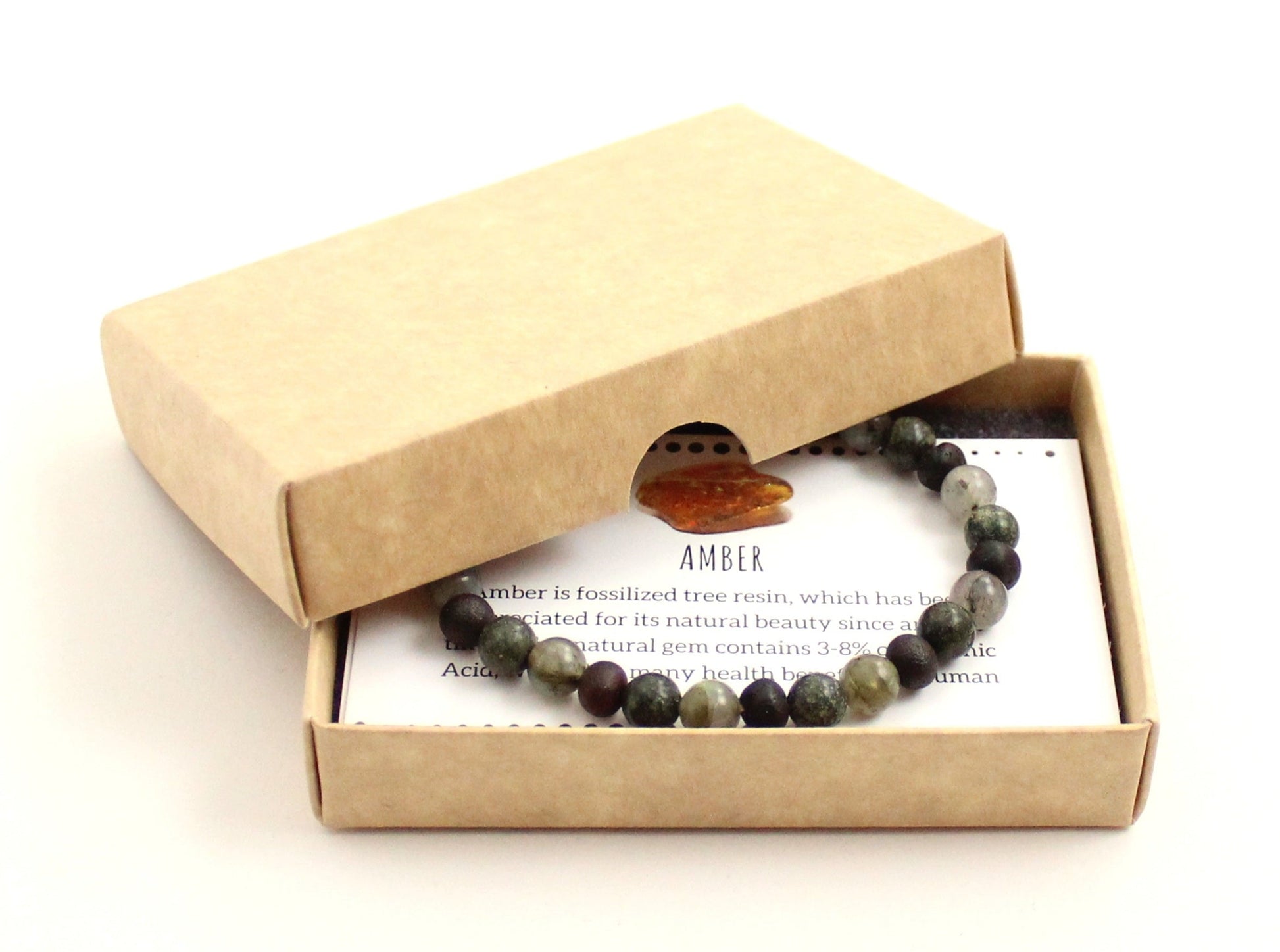 Amber Raw Black Cherry Stretch Bracelet With Gray Labradorite and Green Lace Stone-1