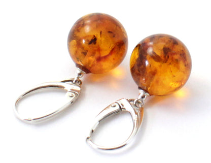 ERP-3D Amber Ball Cognac Earrings With Silver-3