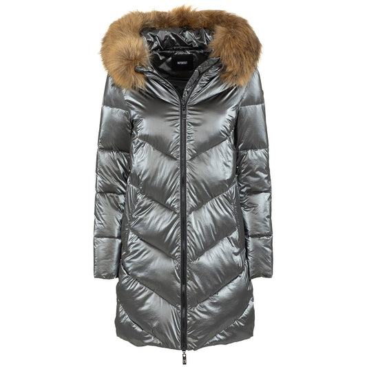 Imperfect Women's Gray Polyamide  Long Down Jacket with Faux-Fur Lined Hood