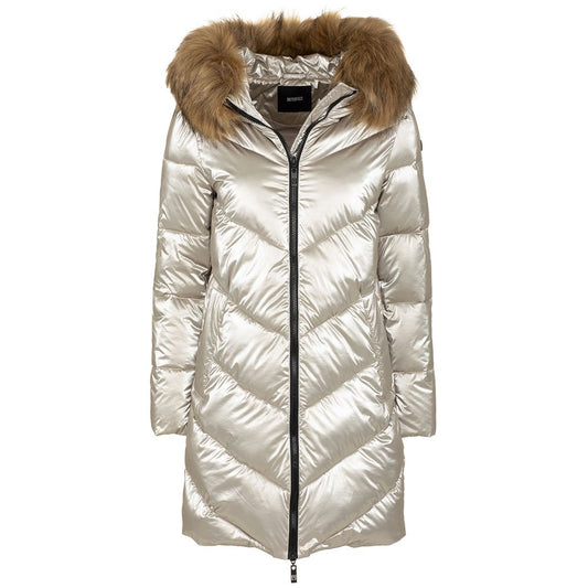 Imperfect Women's Grey Polyamide Long Down Jacket with Faux-Fur Lined Hood