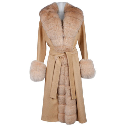 Women's Beige Loro Piana Wool Vergine Winter Coat with Fur Collar