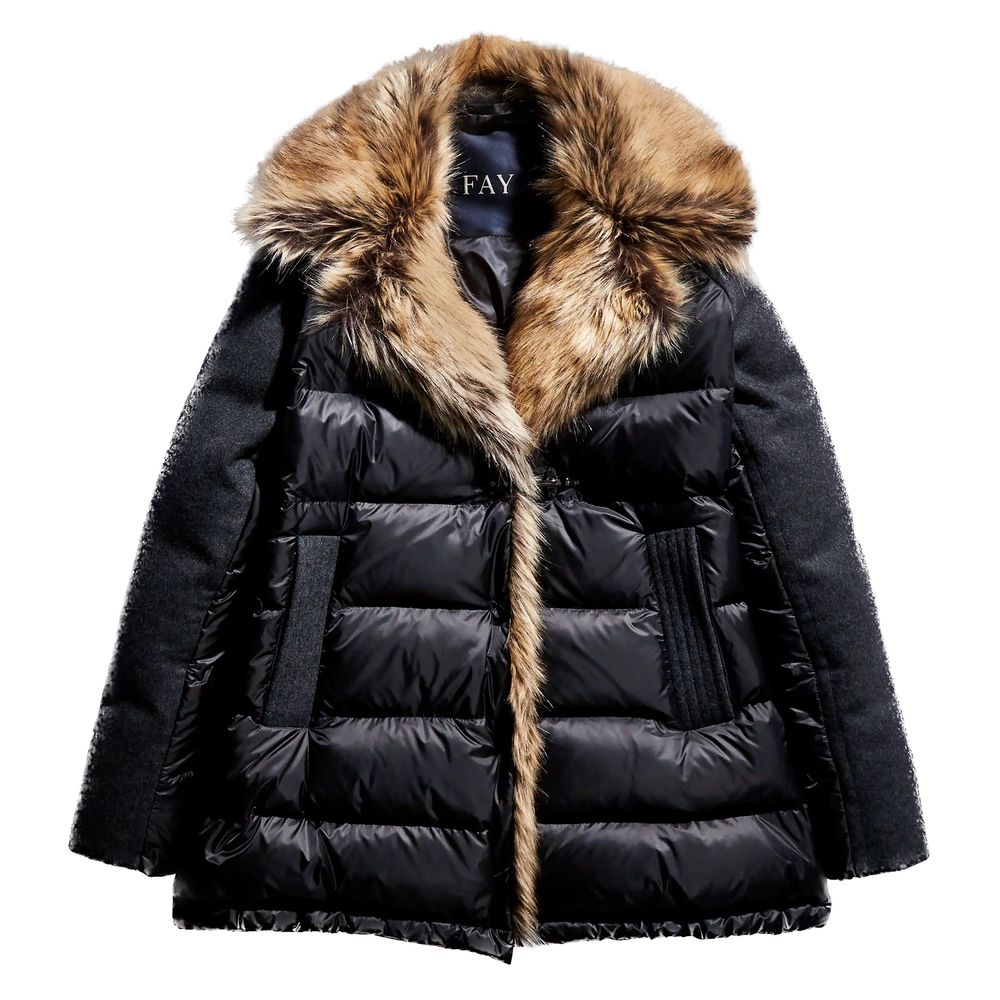 Fay Women's Black Quilted Nylon Jacket with Faux Fur Lapel