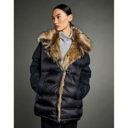 Fay Women's Black Quilted Nylon Jacket with Faux Fur Lapel