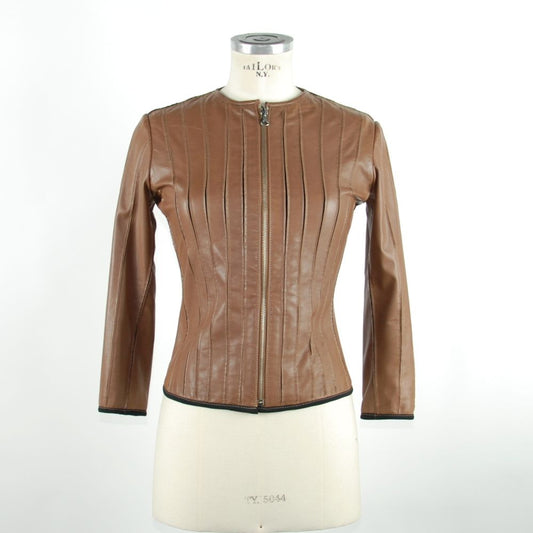 Emilio Romanelli Ladies' Tan Brown Genuine Leather Collarless Jacket