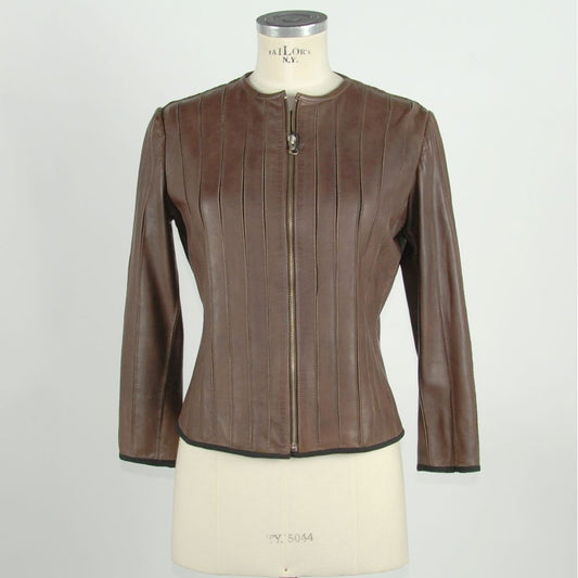 Emilio Romanelli Ladies' Collarless Brown Genuine Leather Jacket
