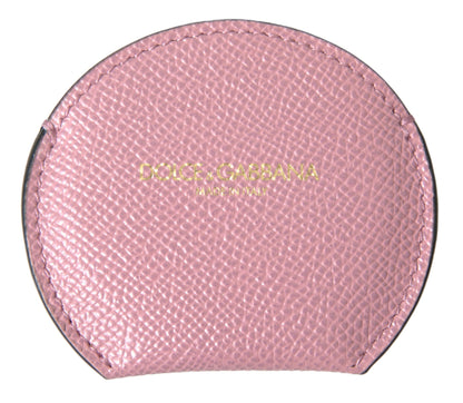 Pink Calfskin Leather Round Logo Print Hand Mirror Holder