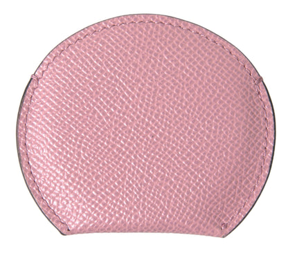 Pink Calfskin Leather Round Logo Print Hand Mirror Holder