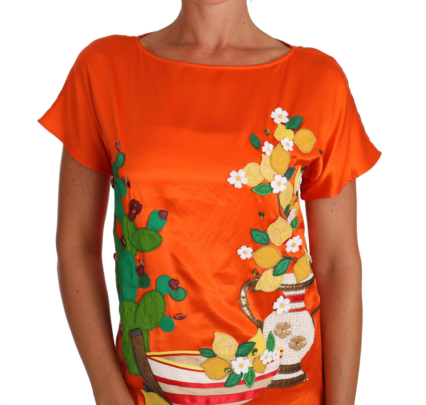 Silk Orange Lemon Crystal T-shirt Top designed by Dolce & Gabbana available from Moon Behind The Hill's Women's Clothing range