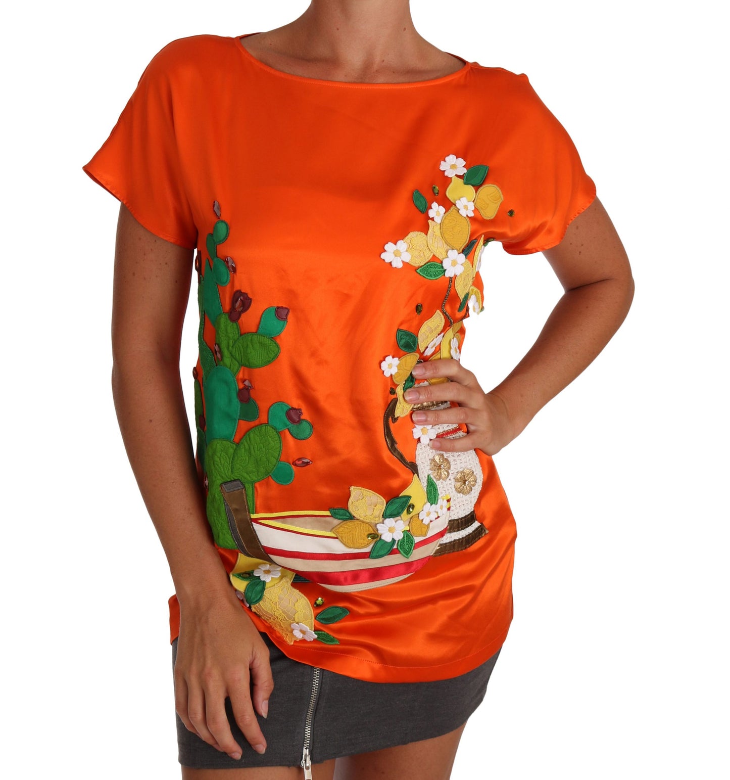 Silk Orange Lemon Crystal T-shirt Top designed by Dolce & Gabbana available from Moon Behind The Hill's Women's Clothing range