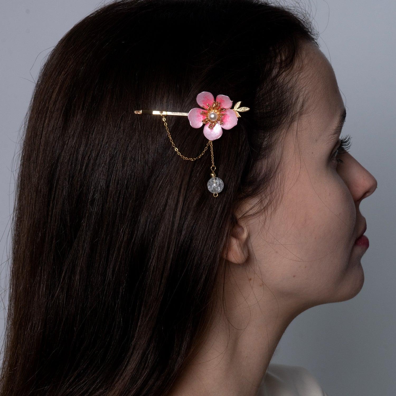 Cherry Blossom Sakura Crystal Hair Pin - Designed by Upcycle with Jing Available to Buy at a Discounted Price on Moon Behind The Hill Online Designer Discount Store