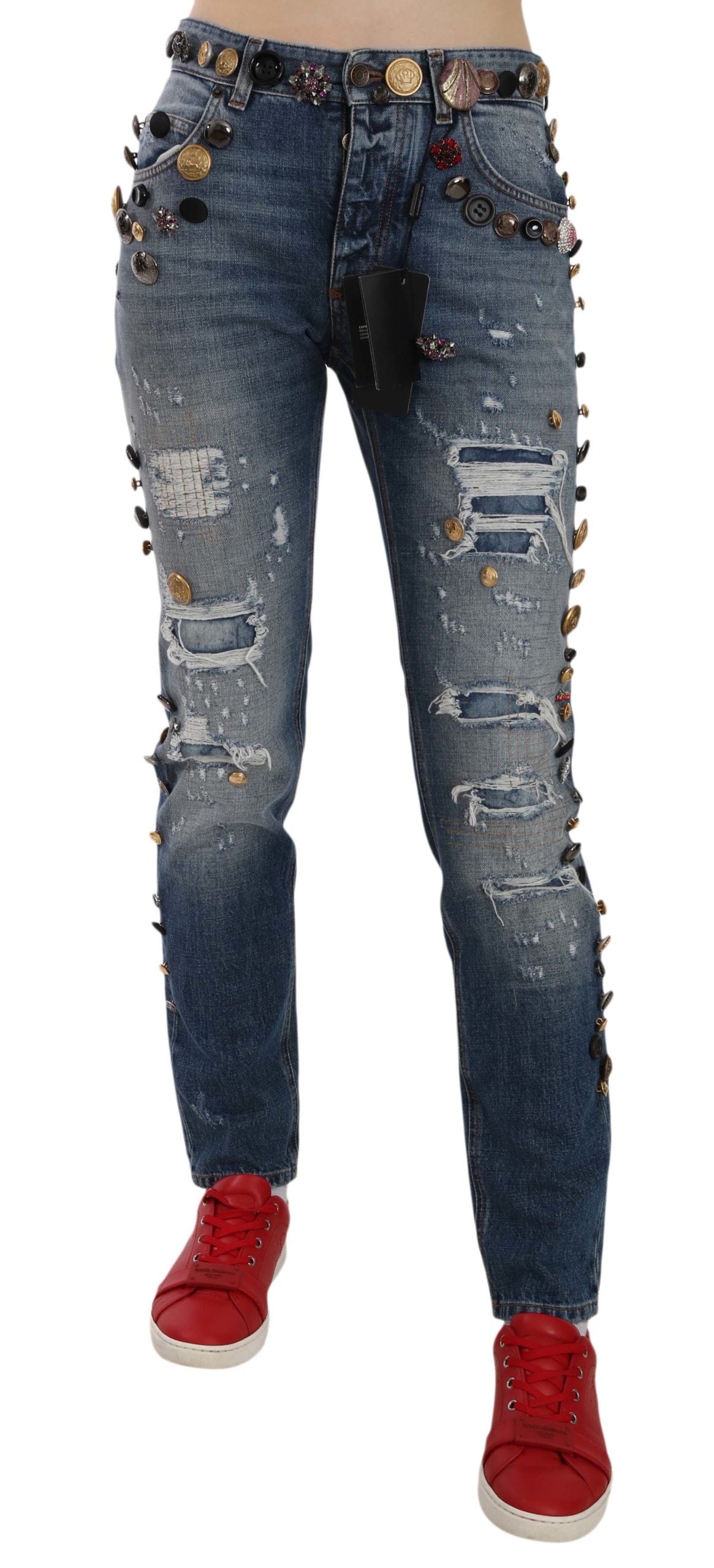 Distressed Embellished Buttons Denim Pants Jeans - Designed by Dolce & Gabbana Available to Buy at a Discounted Price on Moon Behind The Hill Online Designer Discount Store