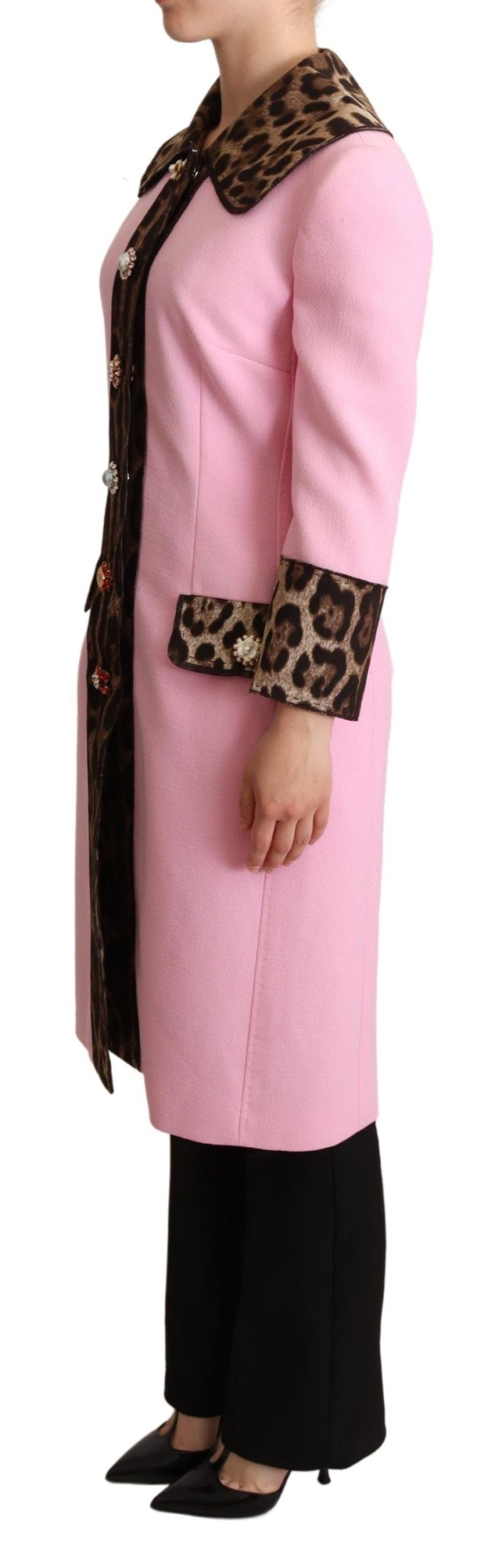 Dolce & Gabbana Pink Leopard Wool Trenchcoat Jacket - Designed by Dolce & Gabbana Available to Buy at a Discounted Price on Moon Behind The Hill Online Designer Discount Store