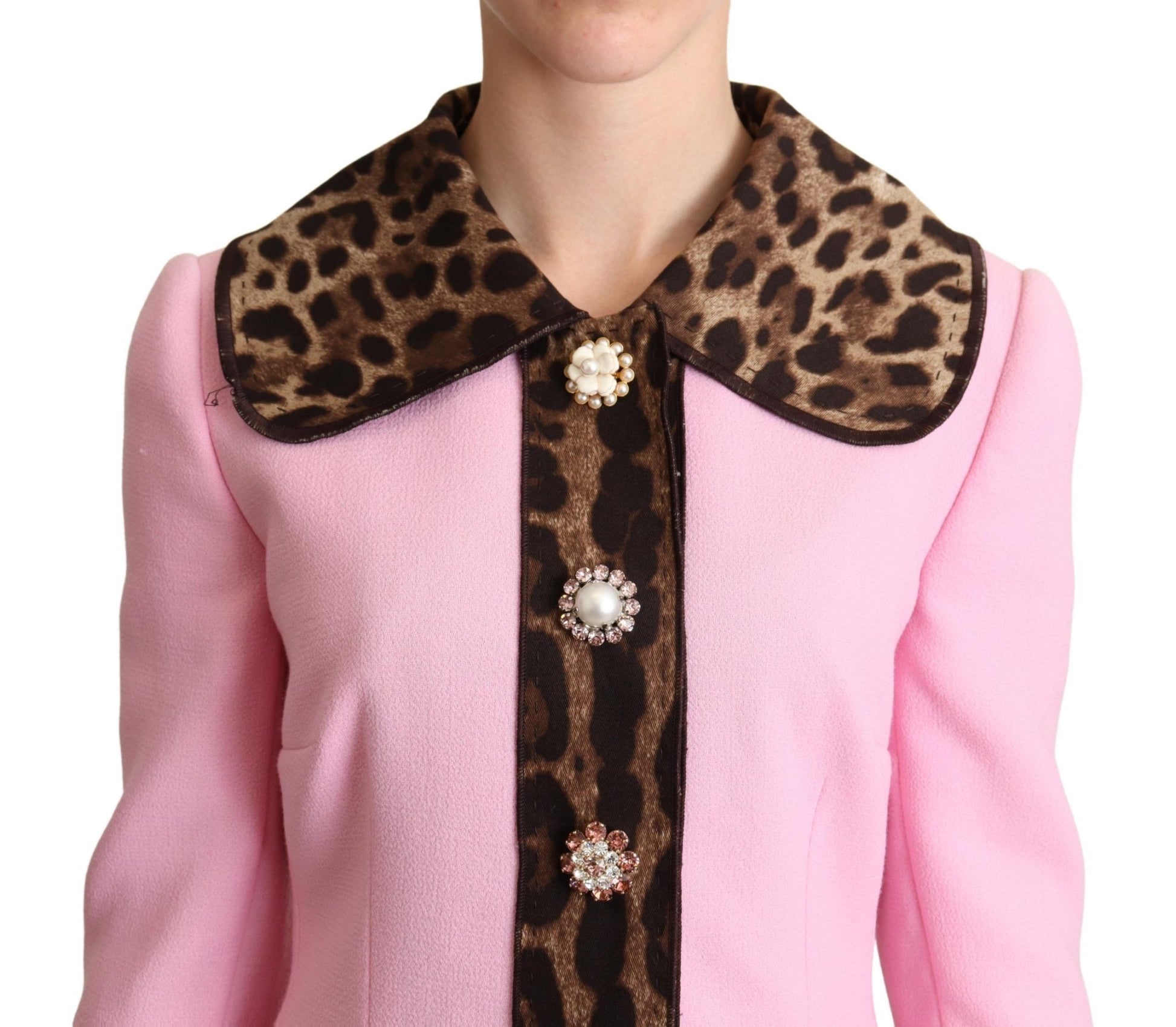 Dolce & Gabbana Pink Leopard Wool Trenchcoat Jacket - Designed by Dolce & Gabbana Available to Buy at a Discounted Price on Moon Behind The Hill Online Designer Discount Store