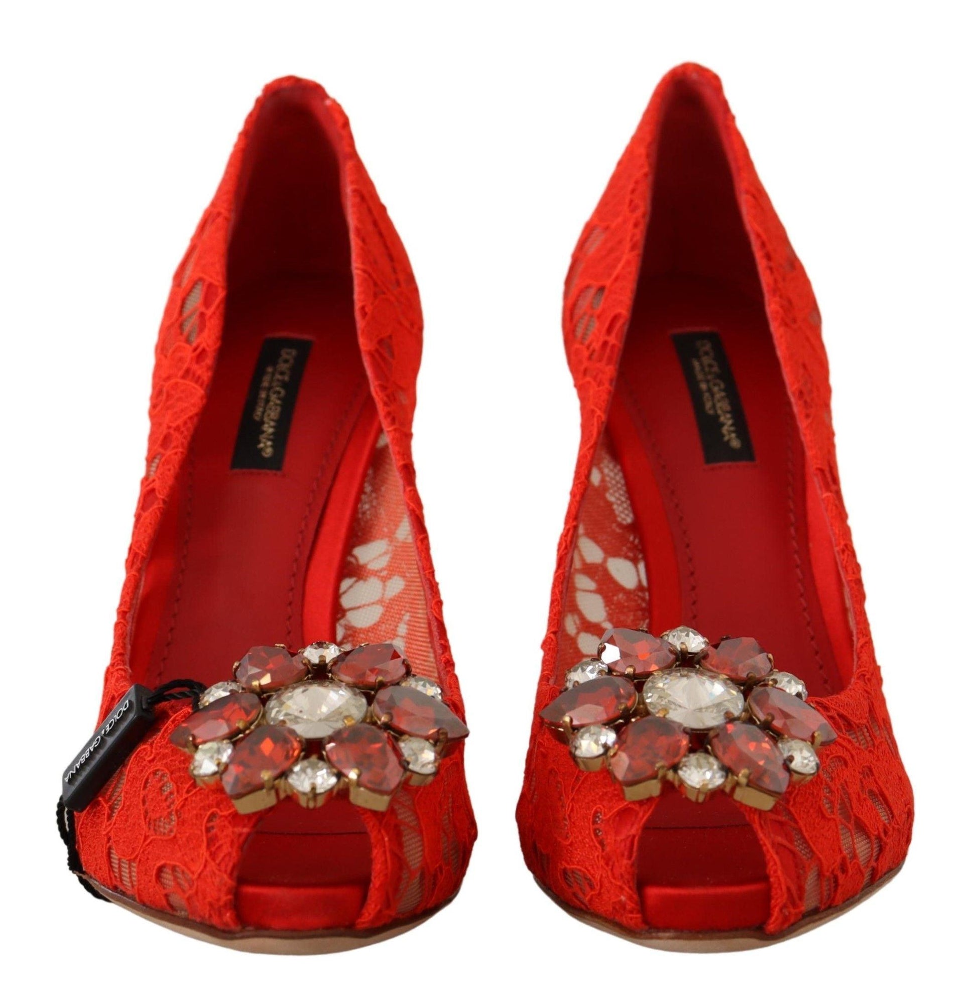 Dolce & Gabbana Red Taormina Lace Crystal Heels Pumps - Designed by Dolce & Gabbana Available to Buy at a Discounted Price on Moon Behind The Hill Online Designer Discount Store