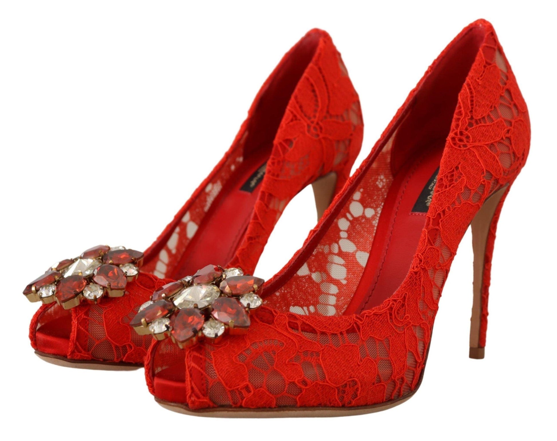 Dolce & Gabbana Red Taormina Lace Crystal Heels Pumps - Designed by Dolce & Gabbana Available to Buy at a Discounted Price on Moon Behind The Hill Online Designer Discount Store