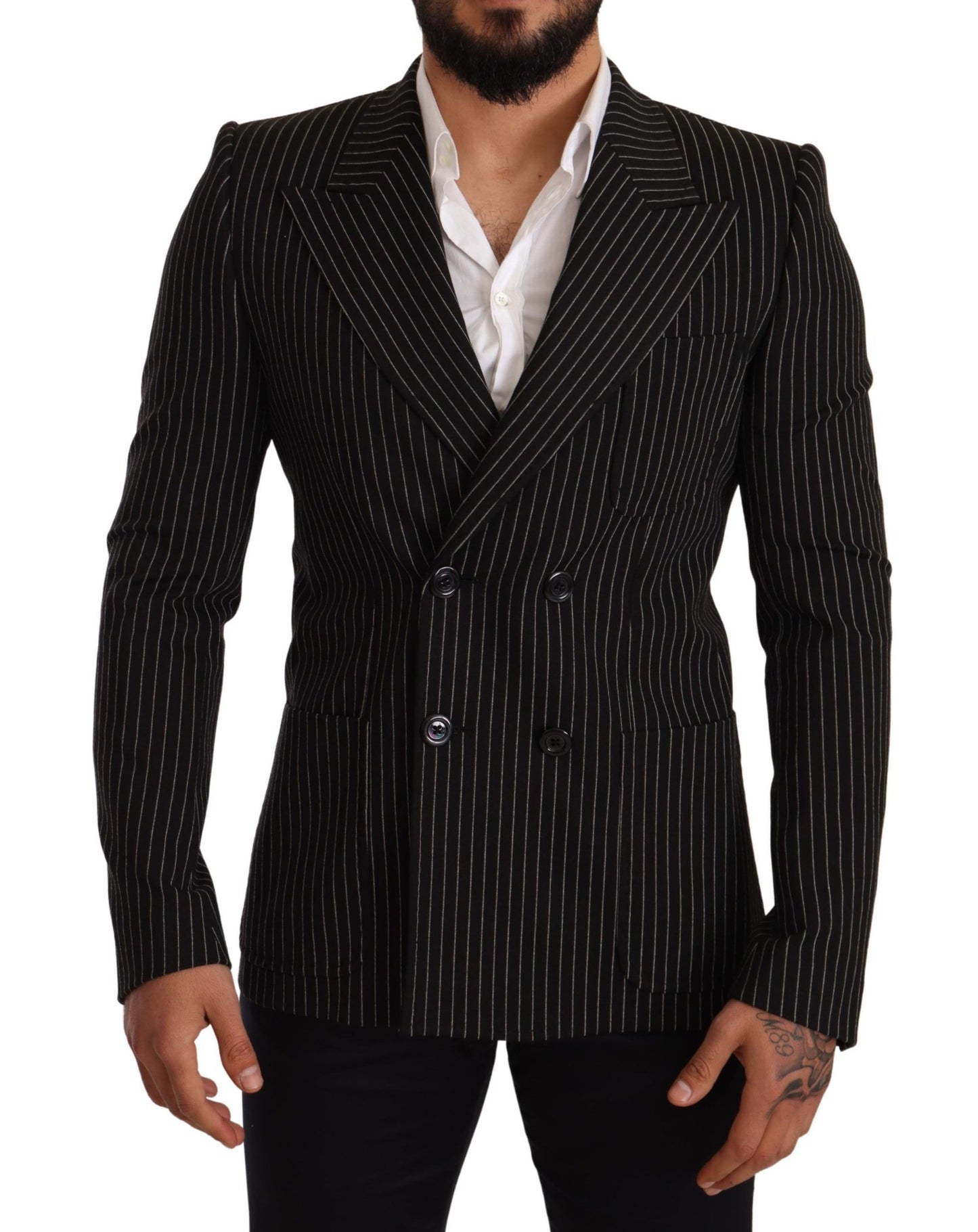 Black White Striped Slim Fit Coat Blazer - Designed by Dolce & Gabbana Available to Buy at a Discounted Price on Moon Behind The Hill Online Designer Discount Store