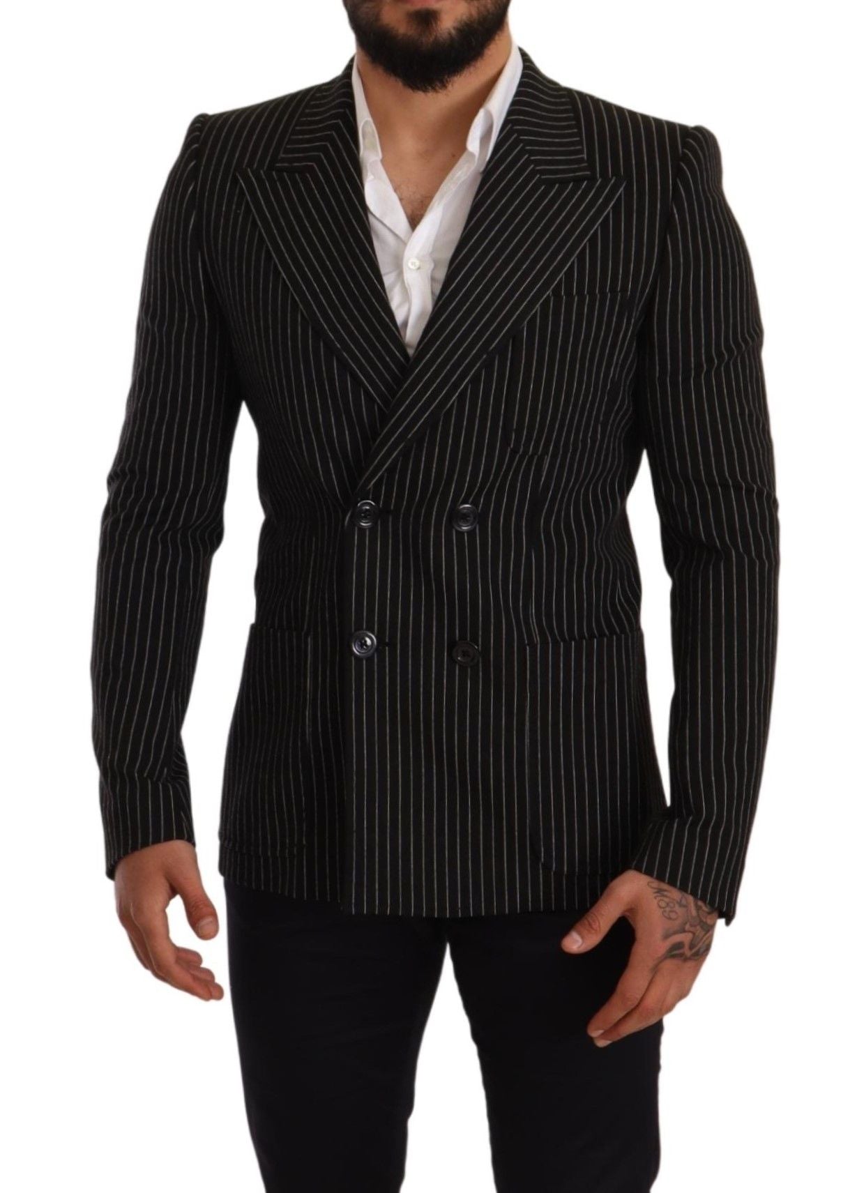 Black White Striped Slim Fit Coat Blazer - Designed by Dolce & Gabbana Available to Buy at a Discounted Price on Moon Behind The Hill Online Designer Discount Store