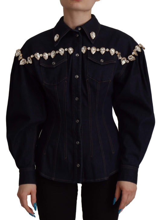 Dolce & Gabbana Blue Denim Crystal Embellish Cotton Jacket - Designed by Dolce & Gabbana Available to Buy at a Discounted Price on Moon Behind The Hill Online Designer Discount Store