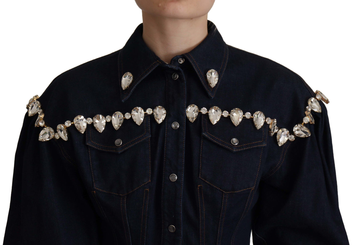 Dolce & Gabbana Blue Denim Crystal Embellish Cotton Jacket - Designed by Dolce & Gabbana Available to Buy at a Discounted Price on Moon Behind The Hill Online Designer Discount Store