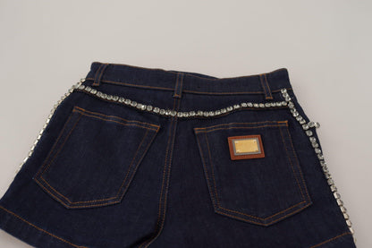 Dolce & Gabbana Blue Denim Stretch Crystal Hot Pants Shorts - Designed by Dolce & Gabbana Available to Buy at a Discounted Price on Moon Behind The Hill Online Designer Discount Store