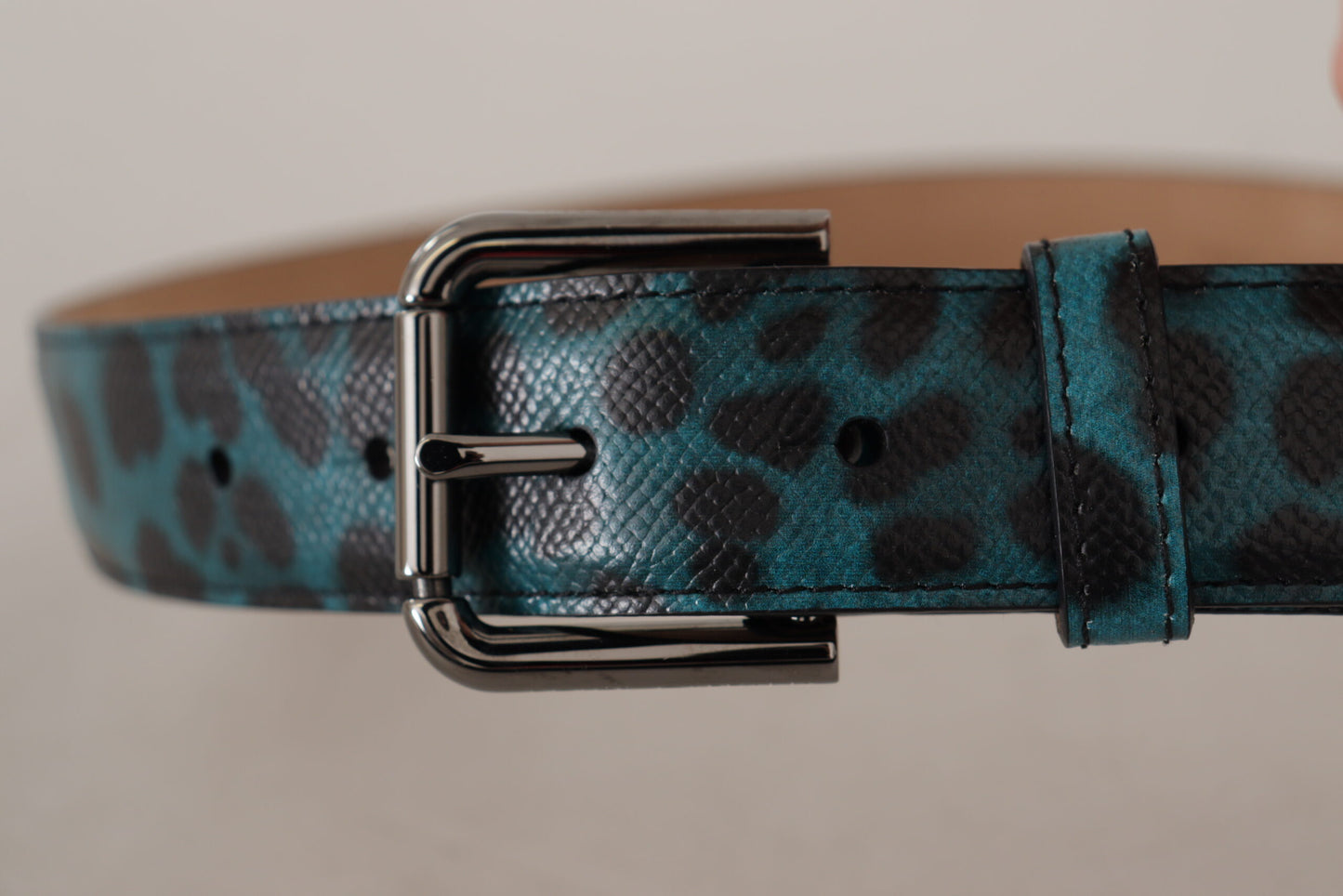 Blue Green Leopard Print Logo Metal Waist Buckle Belt - Designed by Dolce & Gabbana Available to Buy at a Discounted Price on Moon Behind The Hill Online Designer Discount Store