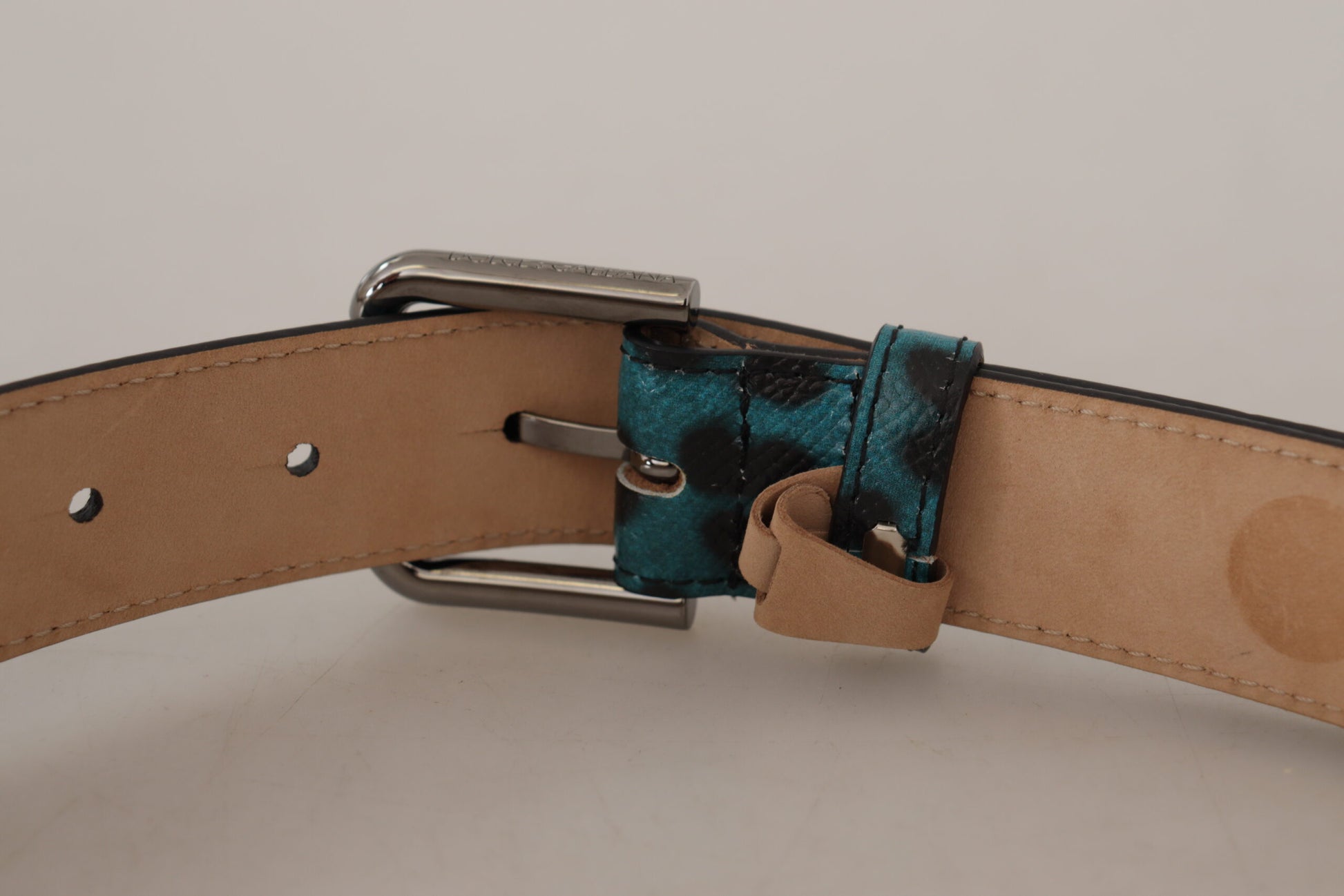 Blue Green Leopard Print Logo Metal Waist Buckle Belt - Designed by Dolce & Gabbana Available to Buy at a Discounted Price on Moon Behind The Hill Online Designer Discount Store