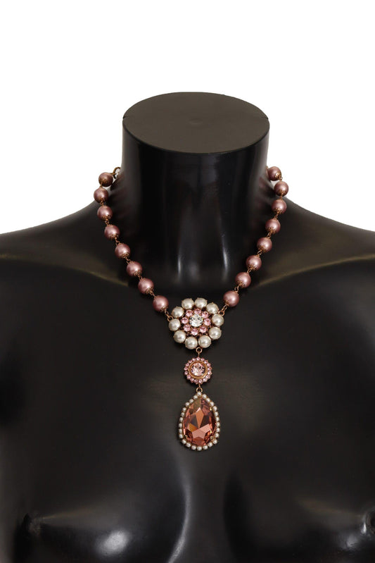 Gold Tone Brass Pink Beaded Pearls Crystal Pendant Necklace - Designed by Dolce & Gabbana Available to Buy at a Discounted Price on Moon Behind The Hill Online Designer Discount Store