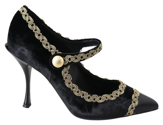Dolce & Gabbana Black Velvet Gold Mary Janes Pumps - Designed by Dolce & Gabbana Available to Buy at a Discounted Price on Moon Behind The Hill Online Designer Discount Store