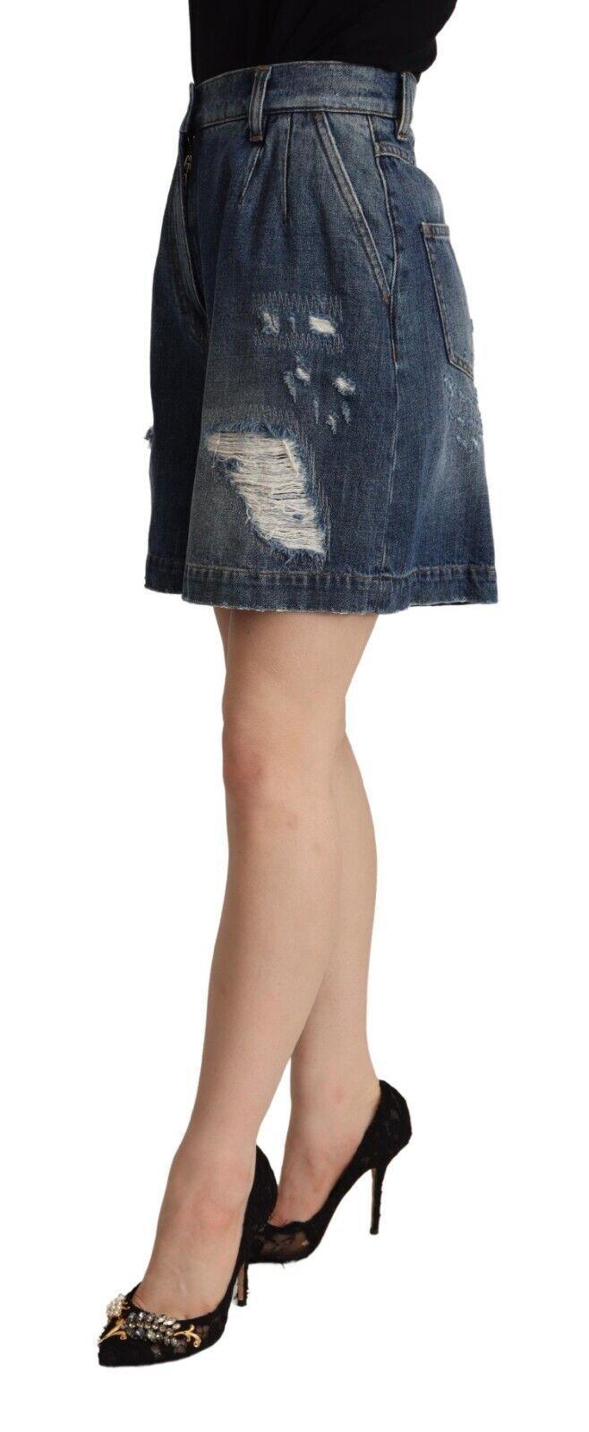 Dolce & Gabbana Blue Distressed Cotton High Waist Bermuda Shorts - Designed by Dolce & Gabbana Available to Buy at a Discounted Price on Moon Behind The Hill Online Designer Discount Store