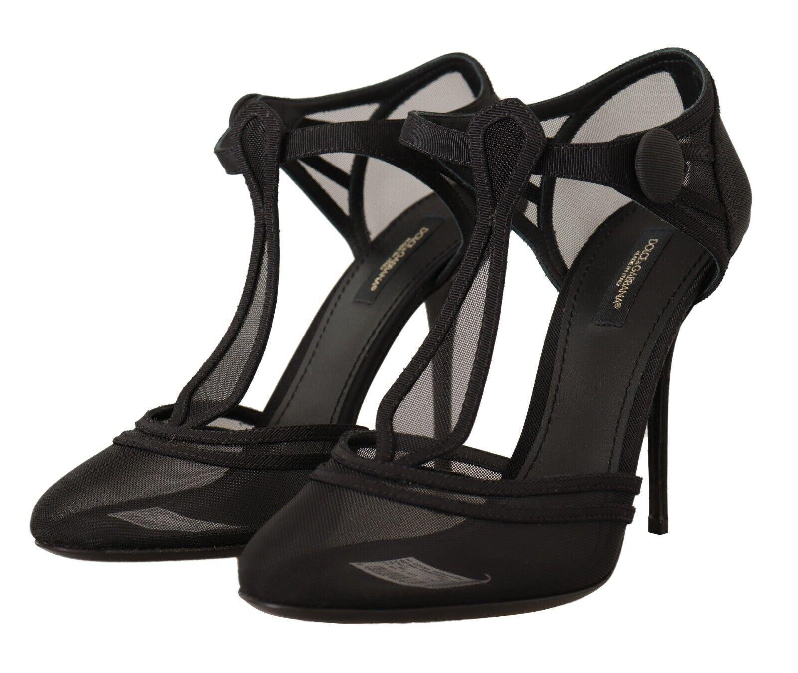 Dolce & Gabbana Black Mesh T-strap Stiletto Heels Pumps Shoes - Designed by Dolce & Gabbana Available to Buy at a Discounted Price on Moon Behind The Hill Online Designer Discount Store