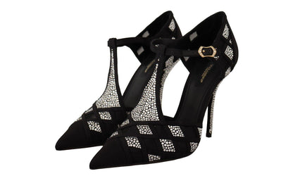 Dolce & Gabbana Black Crystals T-strap Heels Pumps Shoes - Designed by Dolce & Gabbana Available to Buy at a Discounted Price on Moon Behind The Hill Online Designer Discount Store