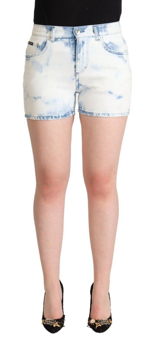 Dolce & Gabbana White Blue Dye Cotton Mid Waist Denim Shorts - Designed by Dolce & Gabbana Available to Buy at a Discounted Price on Moon Behind The Hill Online Designer Discount Store