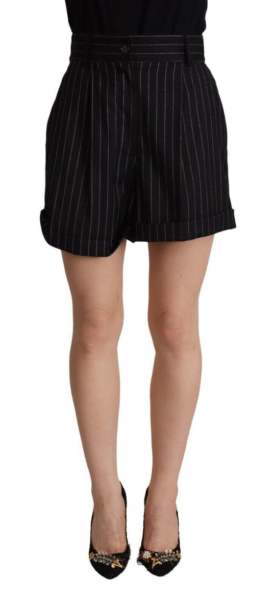Dolce & Gabbana Black Stripes Wool High Waist Trouser Bermuda Shorts - Designed by Dolce & Gabbana Available to Buy at a Discounted Price on Moon Behind The Hill Online Designer Discount Stor